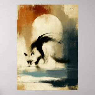 Mond Kitsune japanische Sumi-E-Abstrakte Fuchs-Wan Poster