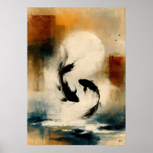Mond Koi Japanische Sumi-E Abstrakte Fischwandkuns Poster