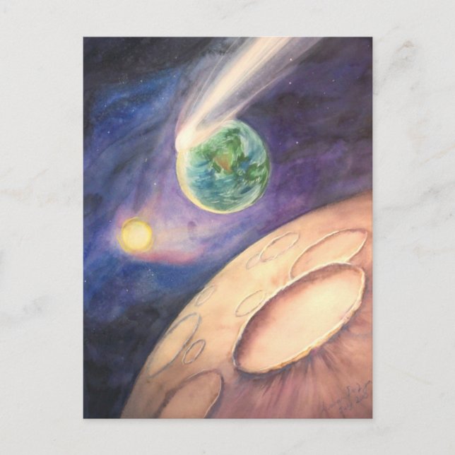 Mond, Komet, Erde, Sonne Postkarte (Vorderseite)