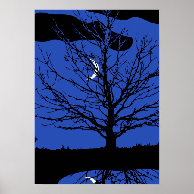 Mond mit Baum, Kobalt Blau, Schwarz und Weiß Poster (Vorne)