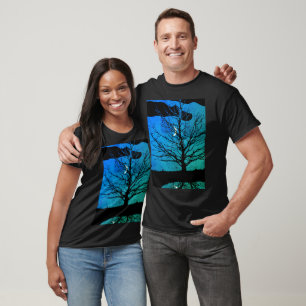 Mond mit Baum, Kobalt Blau, Schwarz und Weiß T-Shirt