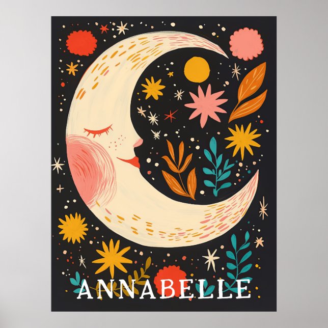 Mond Nachthimmel Boho Blumenillustration Vorname Poster (Vorne)