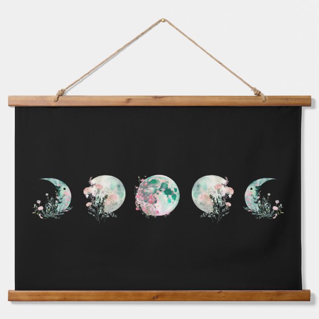Mond Phases Wood Topped Wall Tapestry Wandteppich Mit Holzrahmen (Vorne)