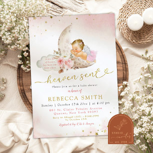 Mond Rosa Boho Blondes Mädchen Engel Baby Shower Einladung