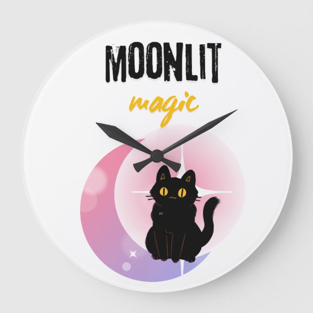 Mond & schwarze Katze Große Wanduhr (Vorderseite)