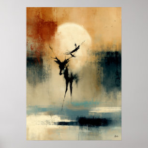 Mond Shika japanische Sumi-E abstrakte Hirsche Wan Poster