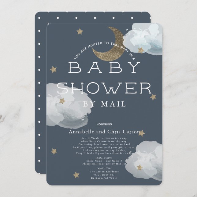 Mond, Stars & Clouds Navy Baby Dusche by Mail Einladung (Vorne/Hinten)