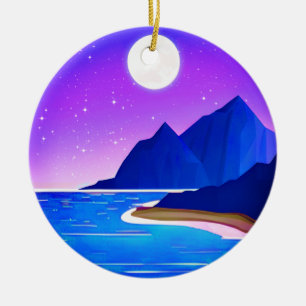 Mond, Sterne Meer und Berge in Violet und Blau Keramik Ornament