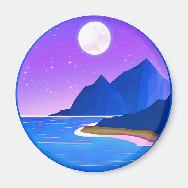 Mond, Sterne Meer und Berge in Violet und Blau Magnet (Vorne)