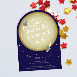 Mond, Sterne und Raketen Grau & Blau Baby Shower Einladung