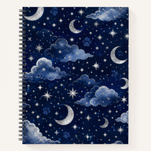 Mond Sterne Wolken und Pfotenabdrücke Notizbuch