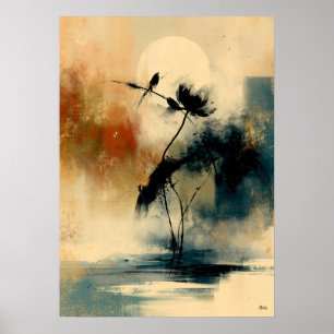 Mond Tsubaki japanische Sumi-E-Abstracte Kamelie W Poster
