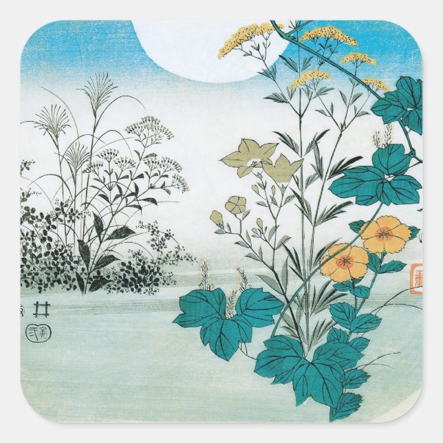 Mond und Blume Quadratischer Aufkleber (Vorderseite)