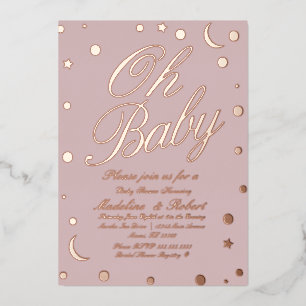 Mond und Punkte Konfetti Baby Shower Rosa geprägt Folieneinladung