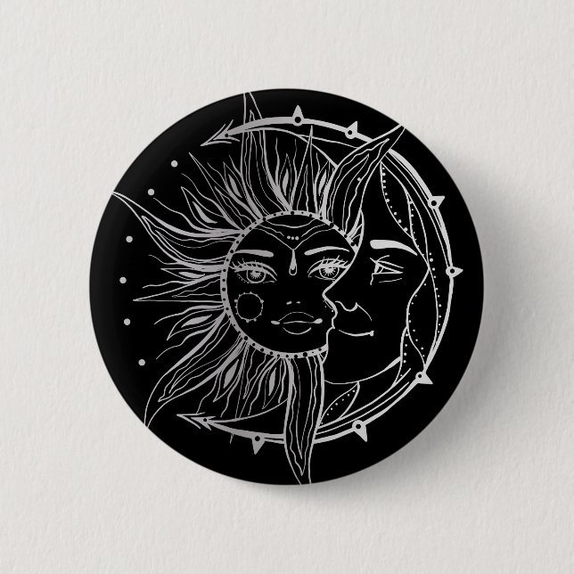 Mond und Sonne. Illustration Vintager Stile Button (Vorderseite)