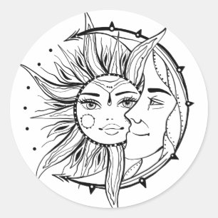 Mond und Sonne. Illustration Vintager Stile Runder Aufkleber