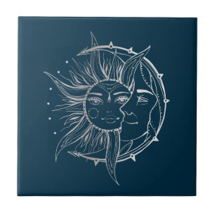 Mond und Sonne. Vintage Tätowierung Fliese