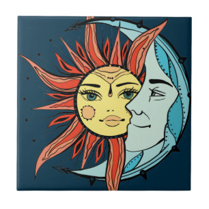 Mond und Sonne. Vintage Tattoo-Illustration Fliese