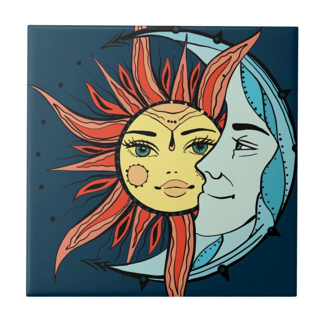 Mond und Sonne. Vintage Tattoo-Illustration Fliese (Vorderseite)
