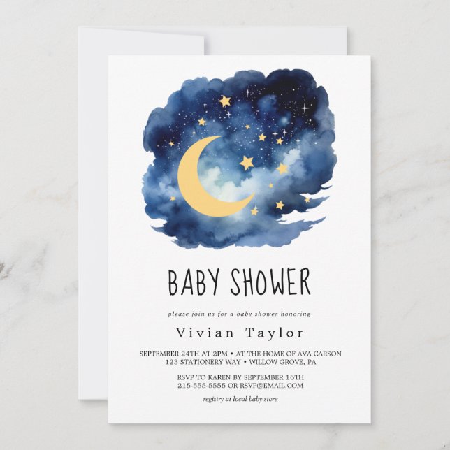 Mond und Sterne | Einladung zur Kinderdusche (Vorderseite)