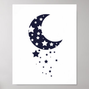 Mond und Sterne Silhouette in dunkelblau Poster