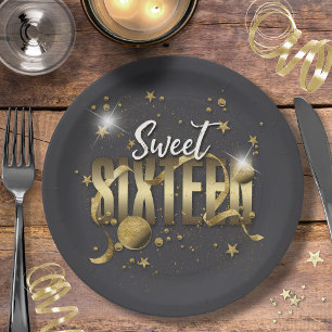 Mond und Sterne Sweet 16  Gold/Schwarz ID788 Pappteller