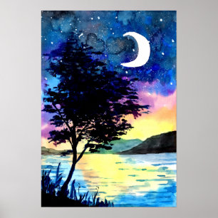 Mond und Sterne über dem See Poster