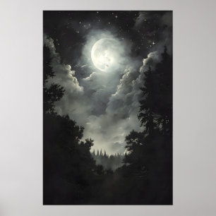 Mond- und Sterne-Wald-Druck, dunkle akademische Go Poster