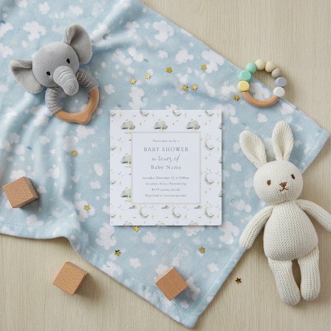 Mond und Wolken unisex Baby Dusche Einladung (Moon and clouds unisex baby shower invitation.)