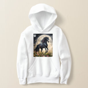 Mondäne Eleganz: Schwarzes Fantasy-Pferd mit Mond Hoodie