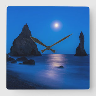 Mondaufgang Reflexion   Island, Reynisdrangur Quadratische Wanduhr