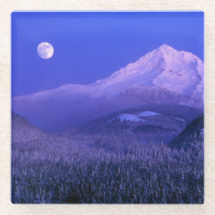 Mondaufgang über dem Mt Hood im Winter, Oregon Glasuntersetzer