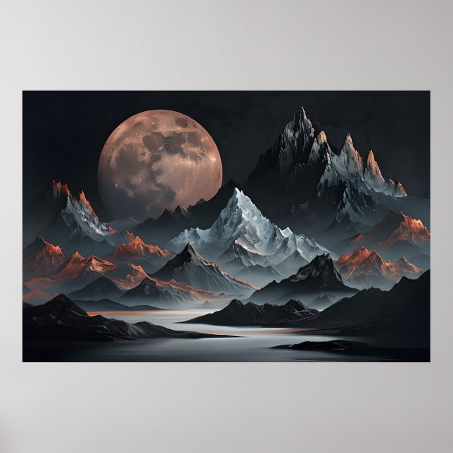 Mondaufstieg über Alien-Gipfeln - Surreal Mountain Poster (Vorne)