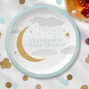 Mondbalken und Baby-Träume Babydusche blau Pappteller