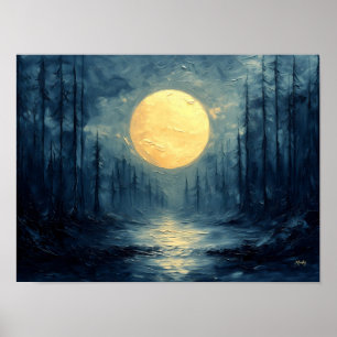 Mondbeglanzte Waldreflexion – Abstrakt Blau & Gold Poster