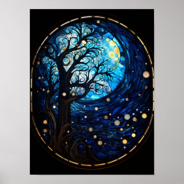 Mondbeglanzter Baum-Buntglas-Himmels-Kunst Poster (Vorne)
