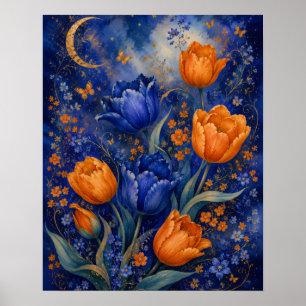 MONDBESCHEINTER BLauer BERNSTEINFARBE TulpenGARTEN Poster