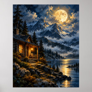 Mondbeschienene alpine Hütte - Golden Moon Lake Poster
