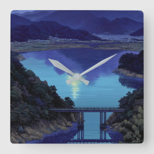 Mondbeschienene Blaue See- und Bergkunstwand Quadratische Wanduhr