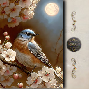Mondbeschienene Blaue-Vogel-Kirschblüten-Decoupage Seidenpapier
