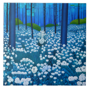 Mondbeschienene Blaue Wald-Wiesenlandschaft Fliese