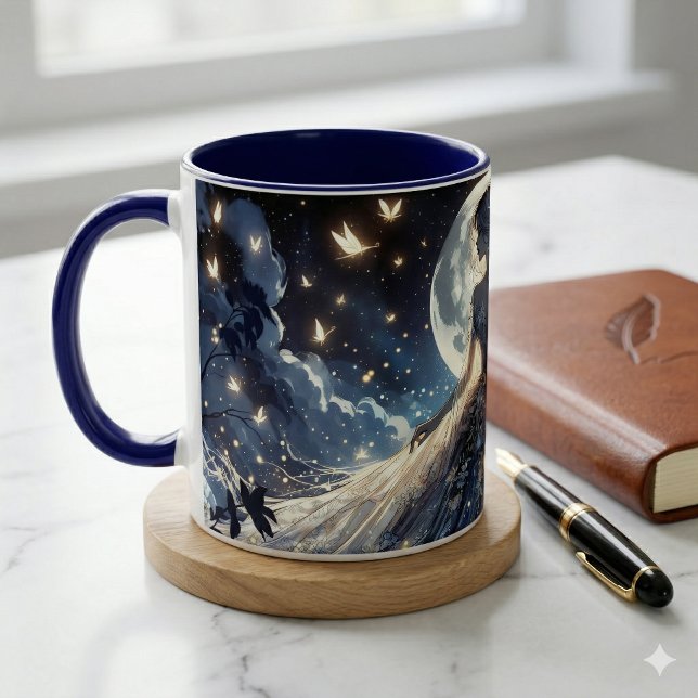 Mondbeschienene Feenprinzessin Himmelsgewand Tasse (Moonlit Fairy Princess Celestial Gown Mug On Counter)