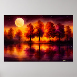 Mondbeschienene Herbstreflexionen Wald bei Nacht Poster