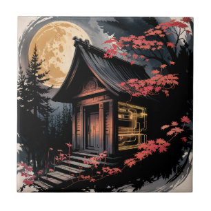 Mondbeschienene Hütte Japanischer Wald Kunst (10) Fliese