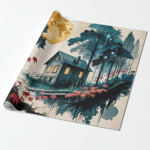 Mondbeschienene Hütte Japanischer Wald Kunst (1) Geschenkpapier