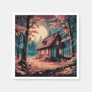 Mondbeschienene Hütte Japanischer Wald Kunst (2) Serviette
