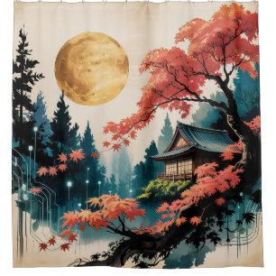 Mondbeschienene Hütte Japanischer Wald Kunst (4) Duschvorhang