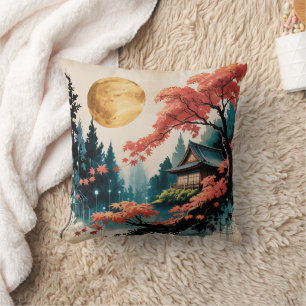 Mondbeschienene Hütte Japanischer Wald Kunst (4) Kissen