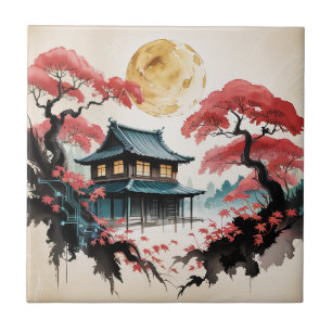 Mondbeschienene Hütte Japanischer Wald Kunst (5) Fliese