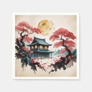 Mondbeschienene Hütte Japanischer Wald Kunst (5) Serviette